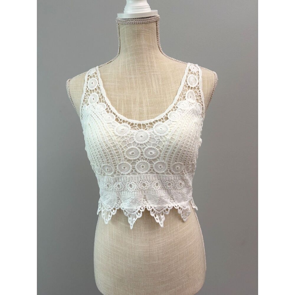 New White Crochet Lace Crop Top XS Smocked Back Bralette Boho Cottagecore Beach